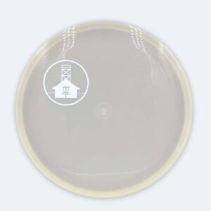 Glow-in-the-dark Discmania Shogun with white Beaches Disc Golf Course quarter stamp.