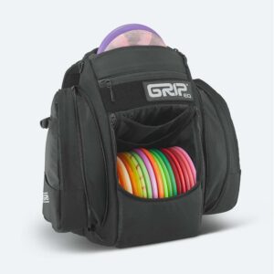 Black GRIPeq BX3 disc golf bag filled with discs.