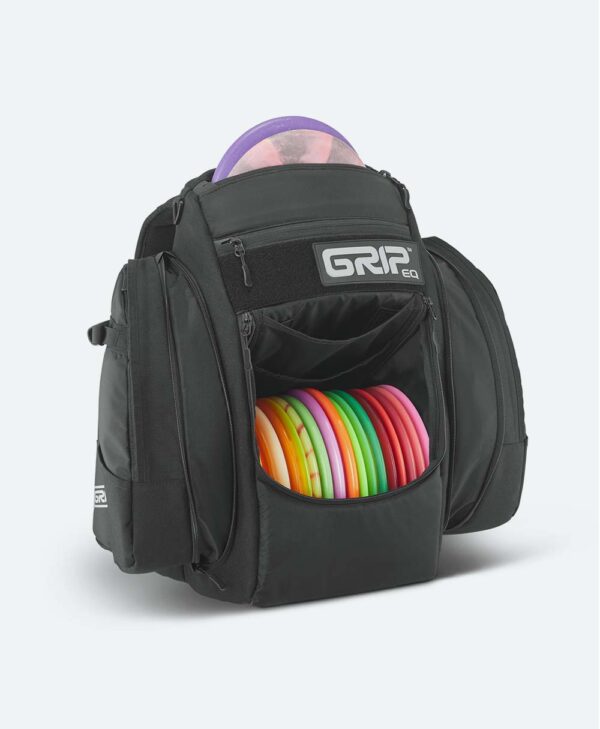 Black GRIPeq BX3 disc golf bag filled with discs.