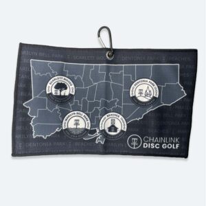 The GOAT disc golf towel featuring a map of Toronto and four courses built by ChainLink Disc Golf in the City.