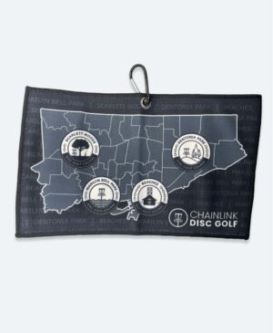 The GOAT disc golf towel featuring a map of Toronto and four courses built by ChainLink Disc Golf in the City.