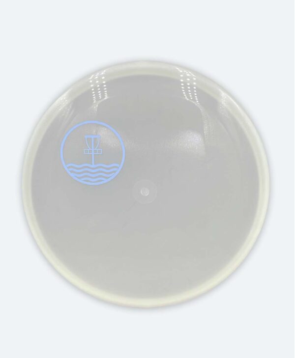 Glow-in-the-dark Discmania Shogun with light blue Marilyn Bell Park Disc Golf Course quarter stamp.