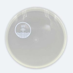 Glow-in-the-dark Discmania Shogun with white Marilyn Bell Park Disc Golf Course quarter stamp.