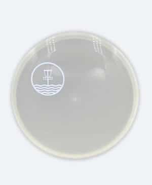Glow-in-the-dark Discmania Shogun with white Marilyn Bell Park Disc Golf Course quarter stamp.