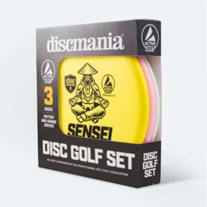 Discmania disc golf starter set containing three discs, including a fairway driver, mid-range and putter.