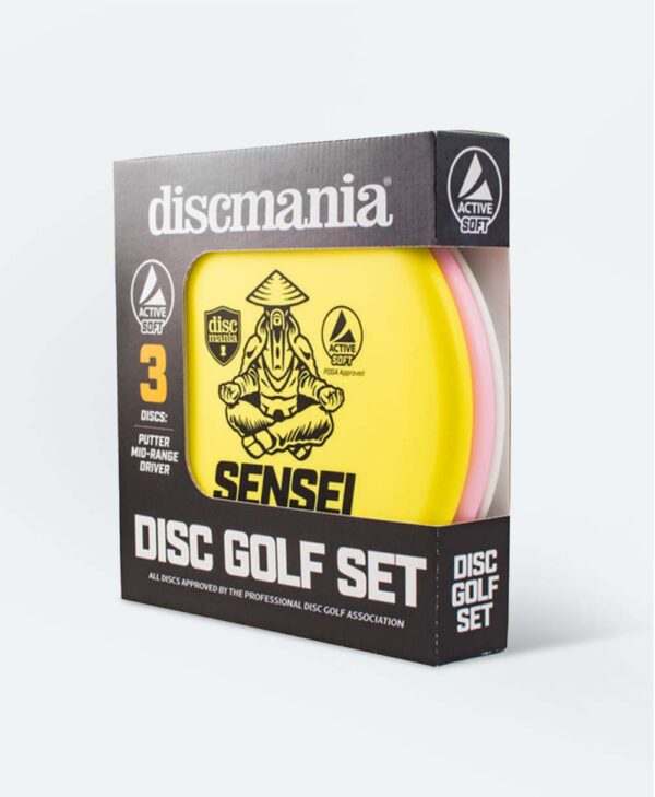 Discmania disc golf starter set containing three discs, including a fairway driver, mid-range and putter.
